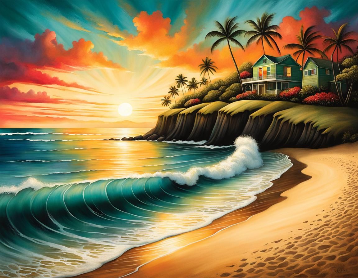 Magical Sunset Over Hawaii in Illustrative Style