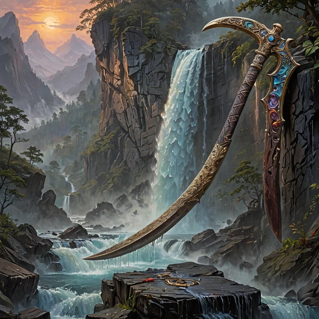Death's Scythe at Mountain Waterfall in Oil Painting Style