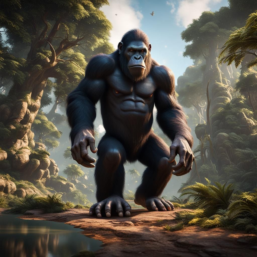 Gigantic Prehistoric Ape in 3D Cinematic Style