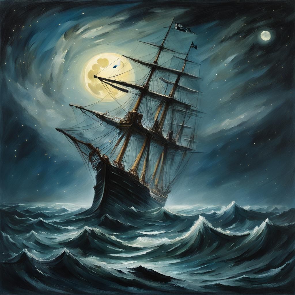 Moonlit Ship on Choppy Sea, Turner-esque Painting