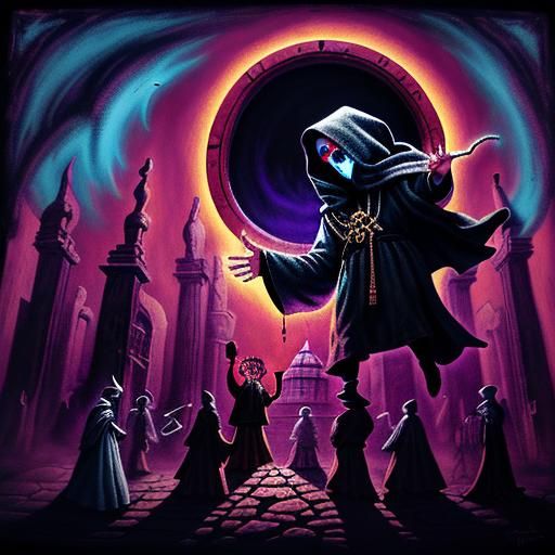 Mystical Cultists Dancing in Stone Temple, Surrealist Oil Pa...