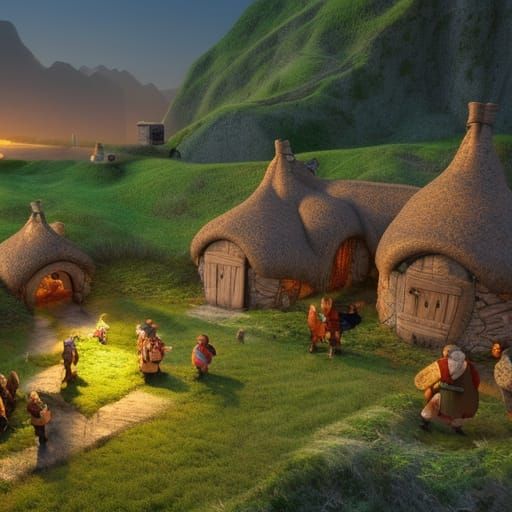 High Fantasy Village with Hobbits and Dwarves