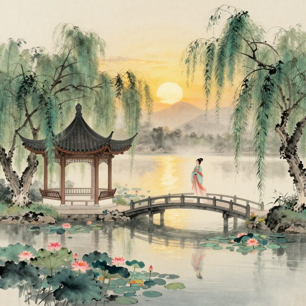 Ancient Chinese Lake Scene with Woman Admiring Nature