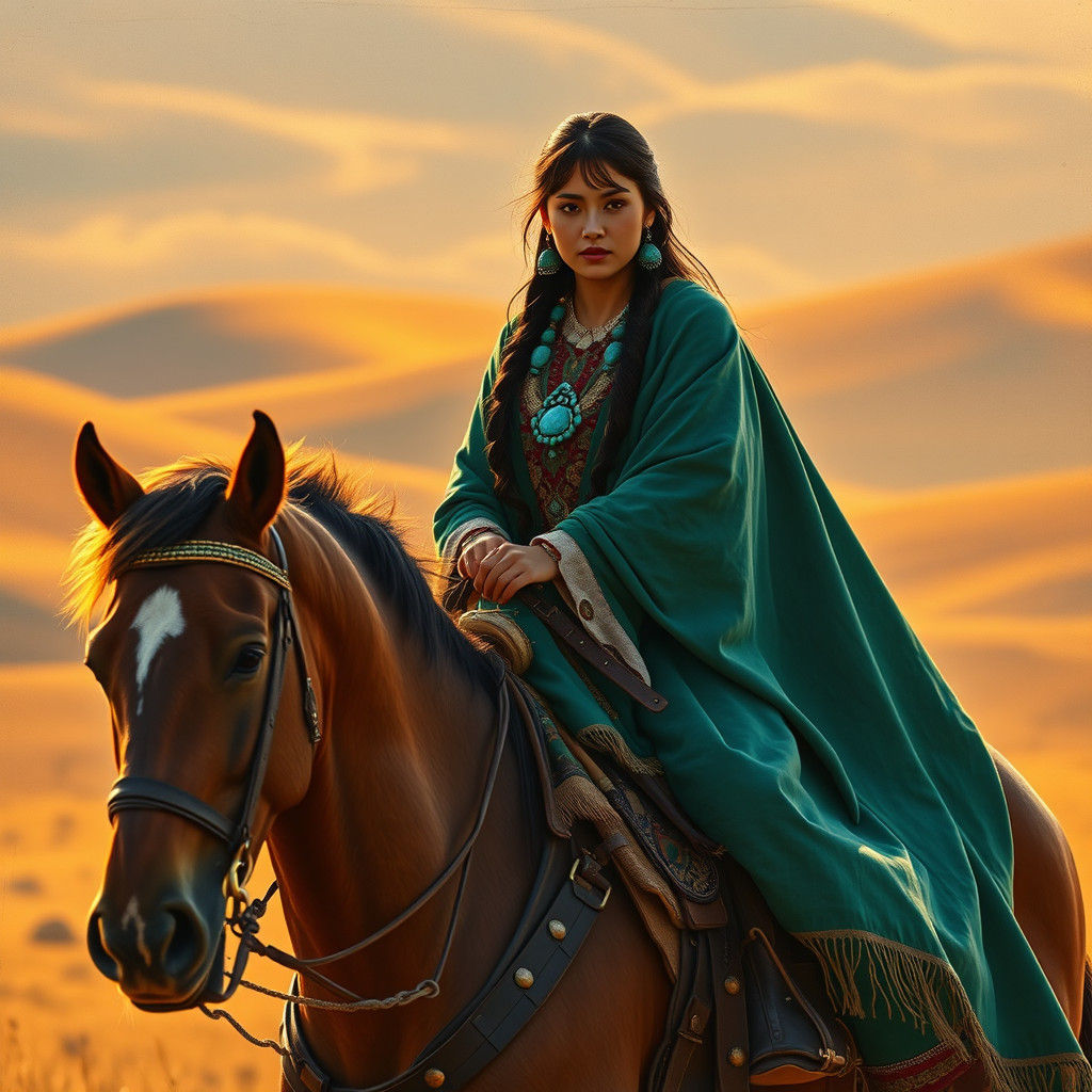 Mongolian Woman on Horseback: Hyperrealistic Concept Art