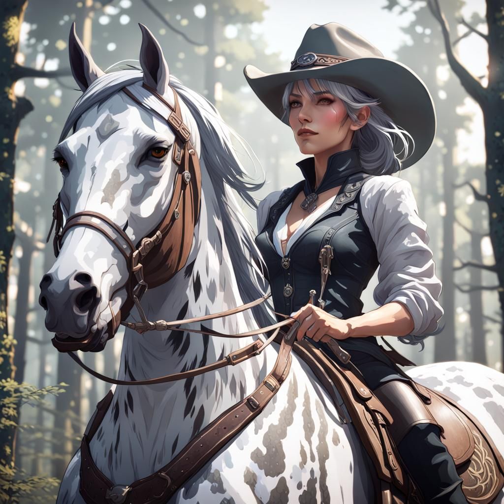 Anime Cowgirl on Horse, Detailed Portrait