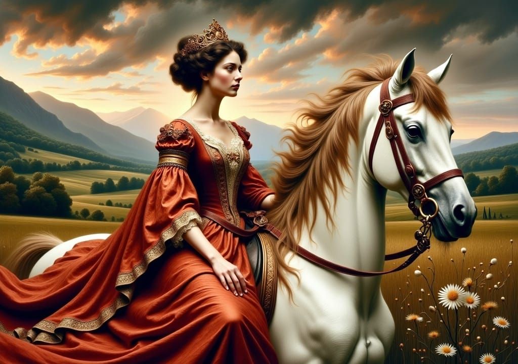 <lora:Flux Romantic Paint:1.0> Painted portrait masterpiece of a rich woman from the 19th century sitting on a noble whi...