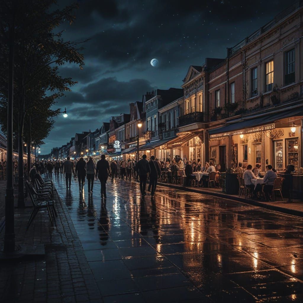 Vibrant Seaside Boulevard at Night Oil Painting