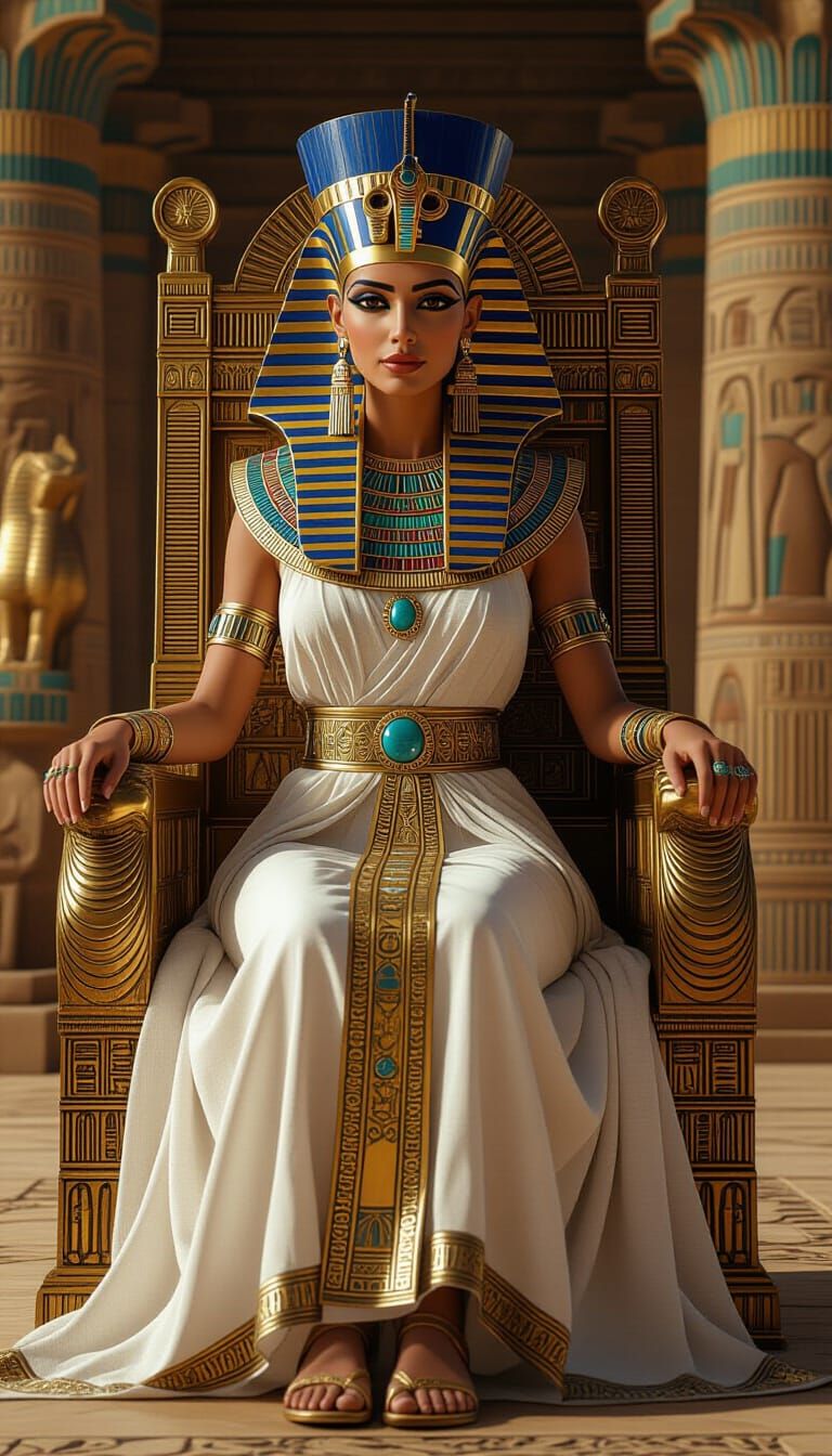 Egyptian Queen on Golden Throne with Lion Guardian