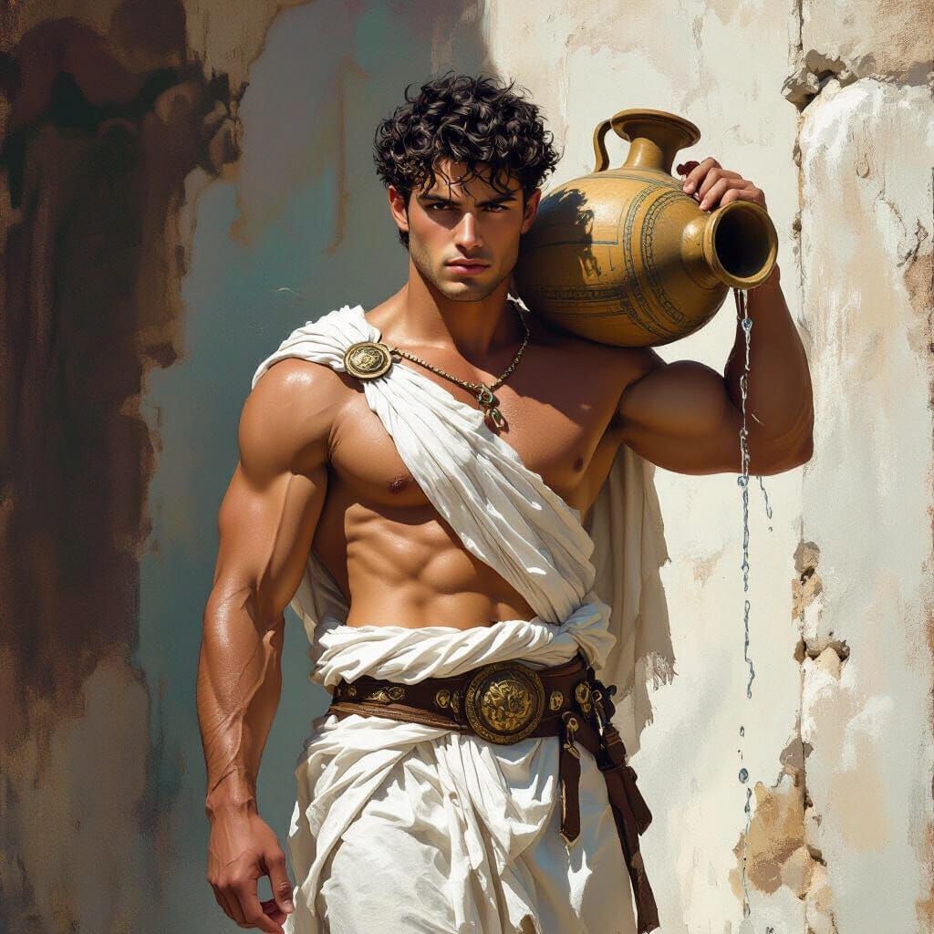 Muscular Greek Youth Carries Water Amphora