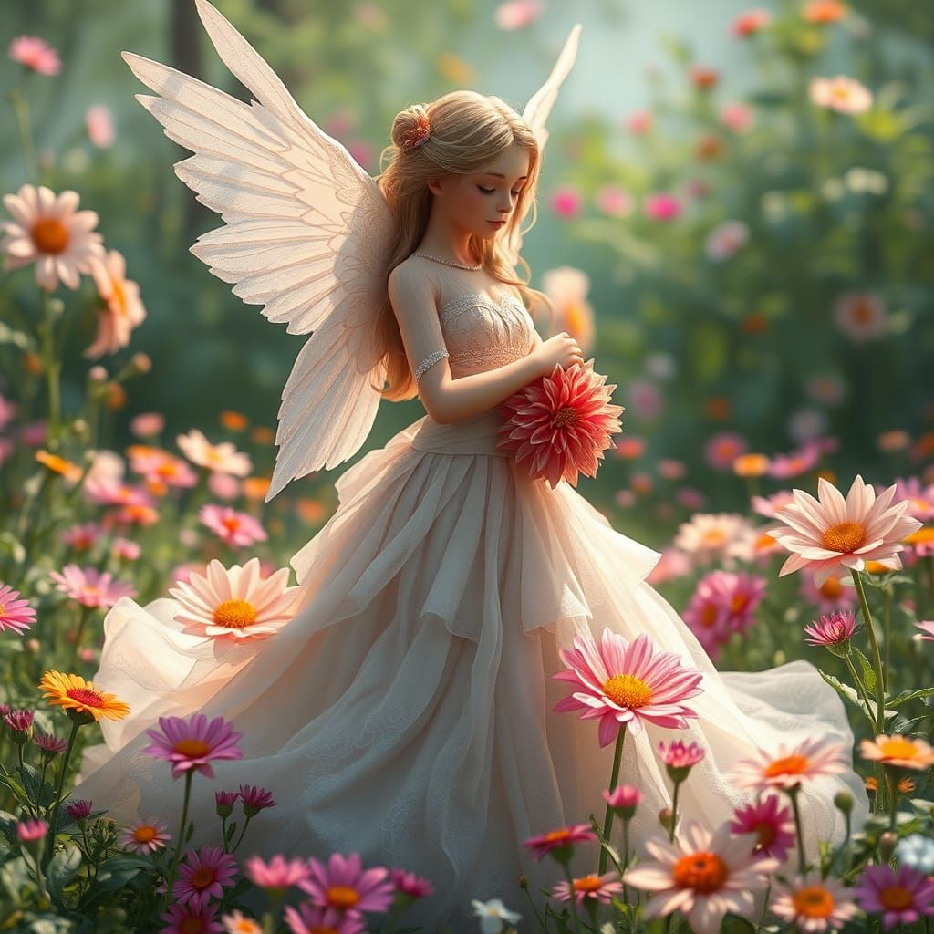 Angel in Flower Meadow: 3D Fantasy Concept Art