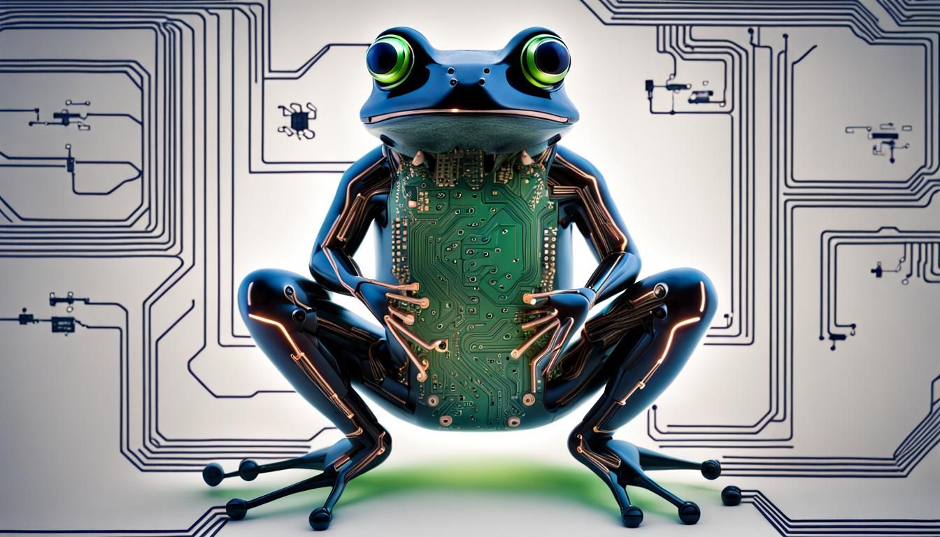 A frog made of electronic circuits and connections.