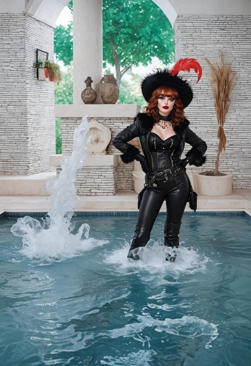 Glamorous Woman in Leather and Fur in Jacuzzi