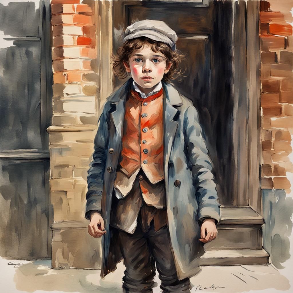Victorian Child in London: Gouache Impressionist Painting