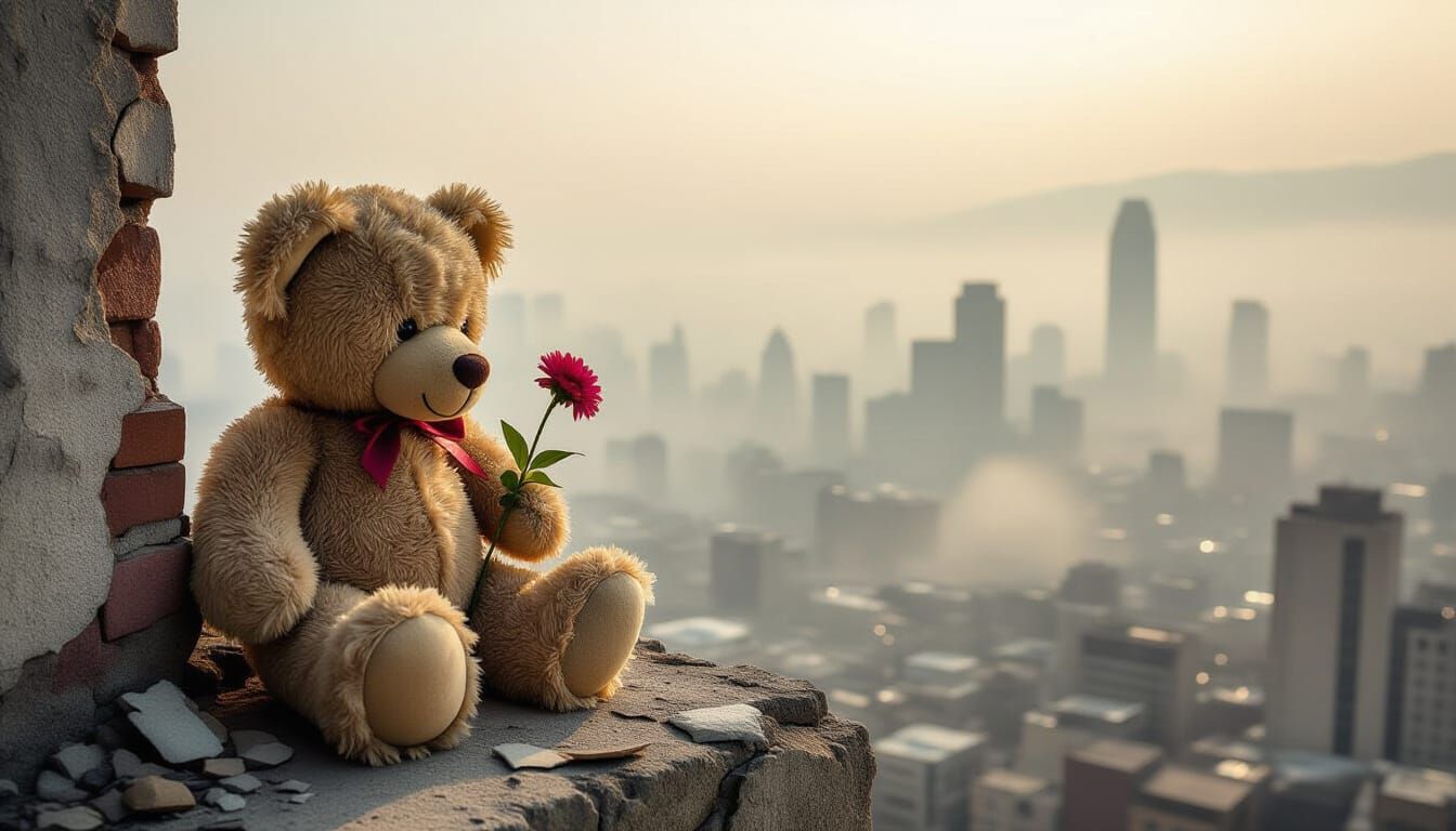 Teddy Bear on Ledge Overlooking Post-Apocalyptic City