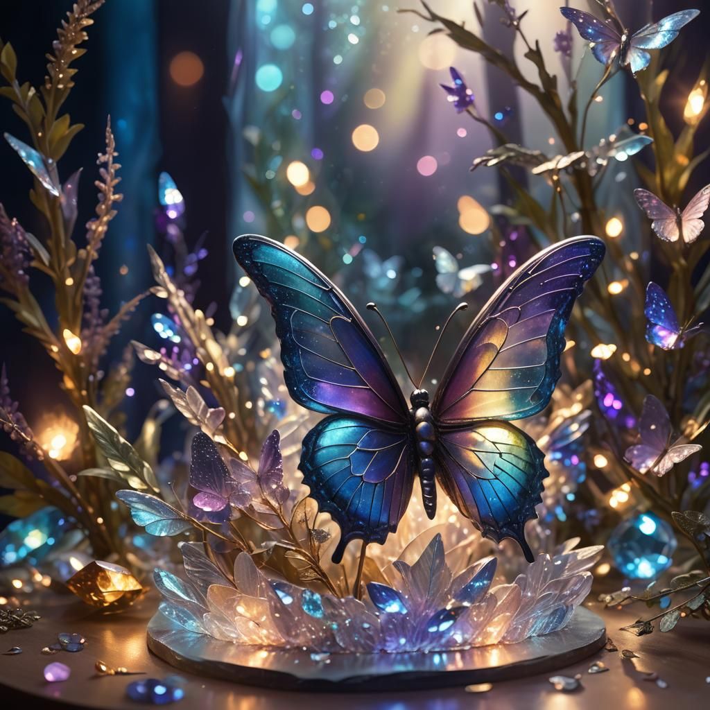 Delicate Glass Butterfly Sculpture in Dreamlike Setting