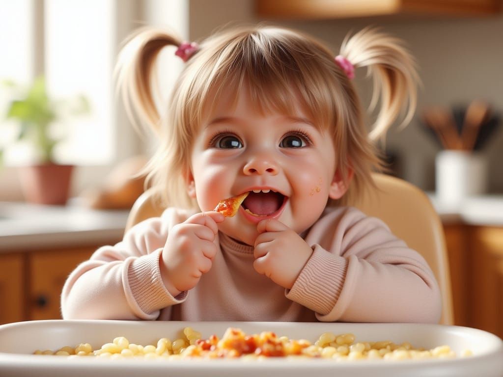 Adorable Toddler Giggles During Finger Food Lunch
