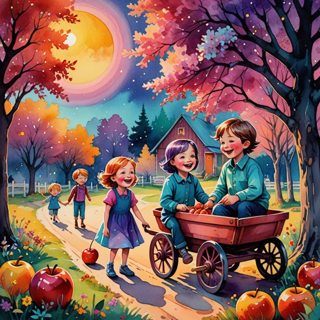 Whimsical Watercolor: Children Bobbing for Apples at Sunset