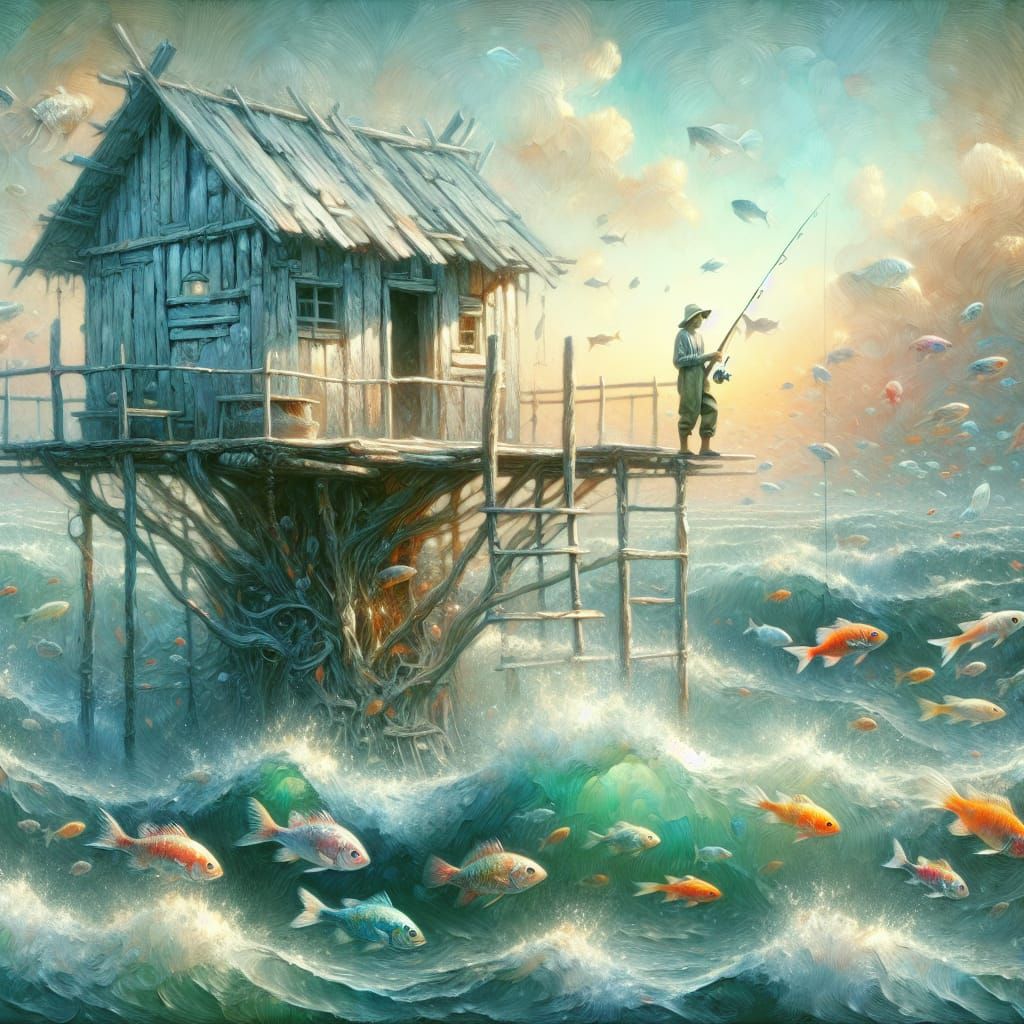 Whimsical Treehouse Fisherman Amidst Radiant Oceanic Scenery
