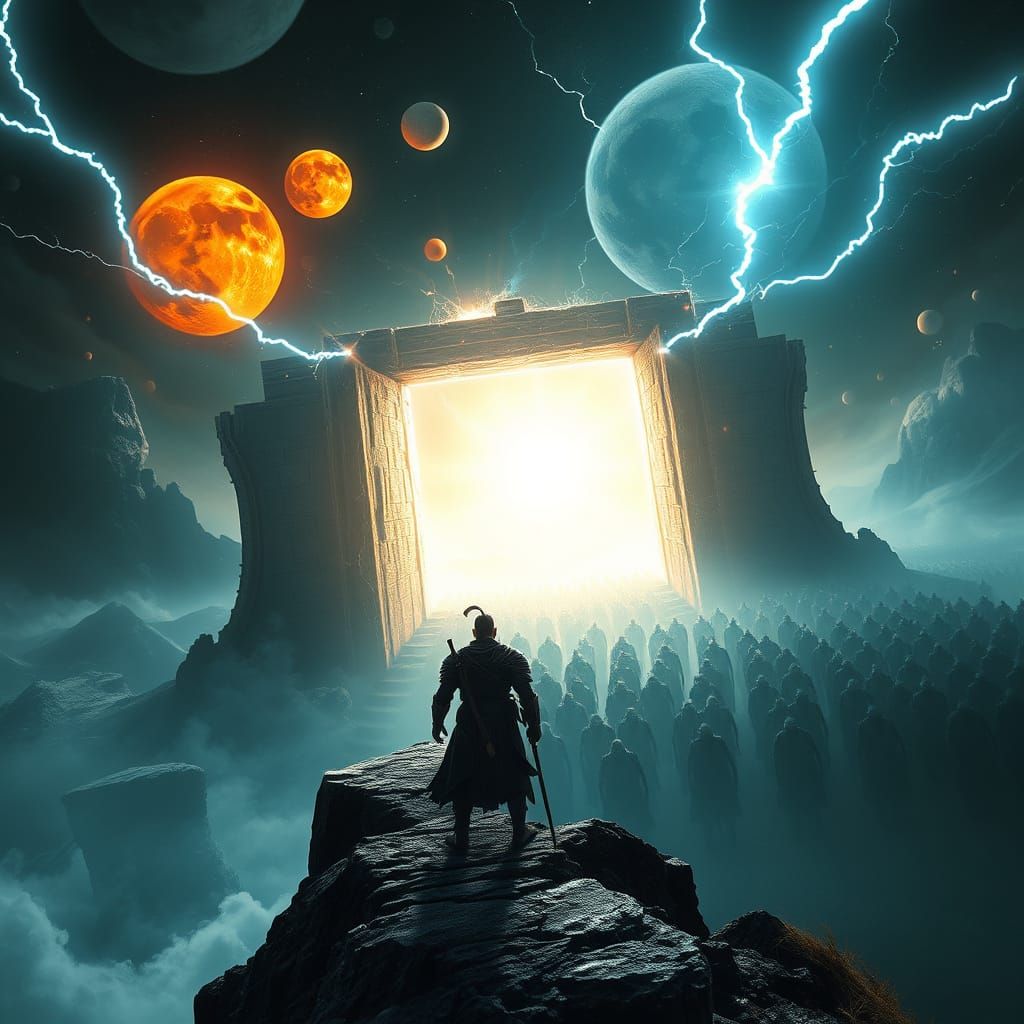 Epic Warrior Stands at Ancient Gate as Worlds Collide