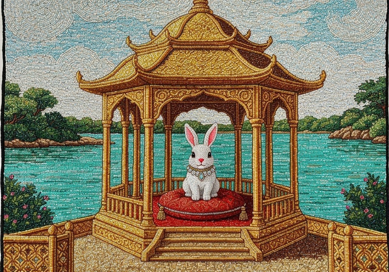 Golden Pavilion and Rabbit in Beaded Vintage Tapestry