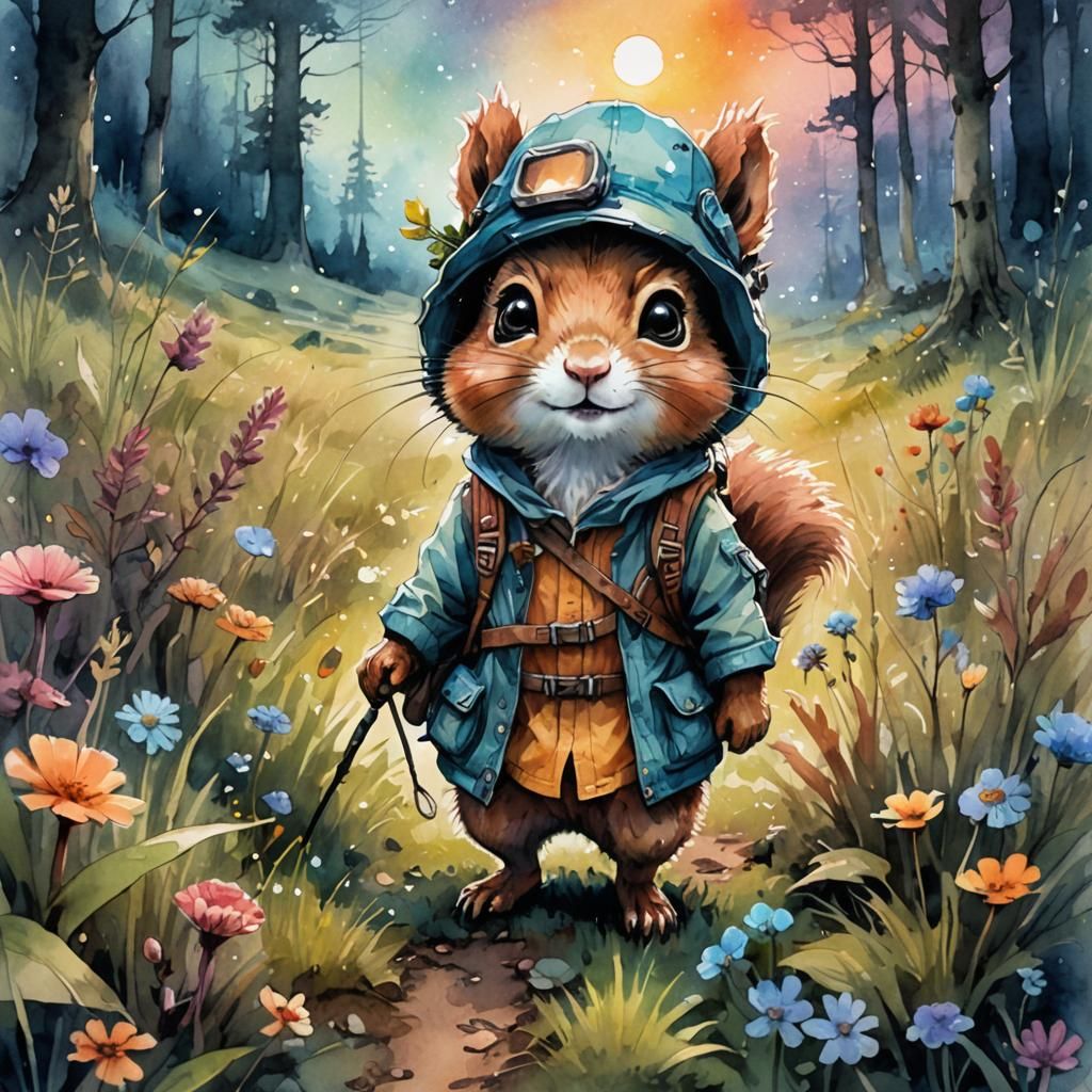 Chibi Squirrel Hiker in Sci-Fi Meadow
