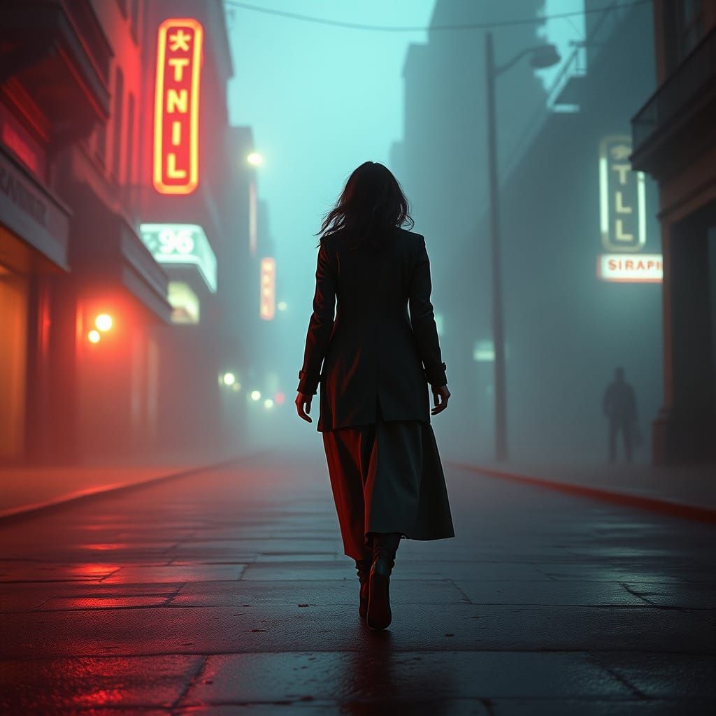 Woman Walks Foggy Street with Neon Lights