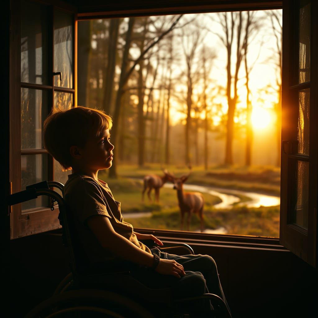 Boy Contemplates Sunset in Rustic Landscape