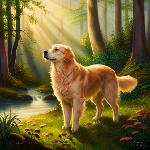 Majestic Golden Retriever in Forest Sunlight
