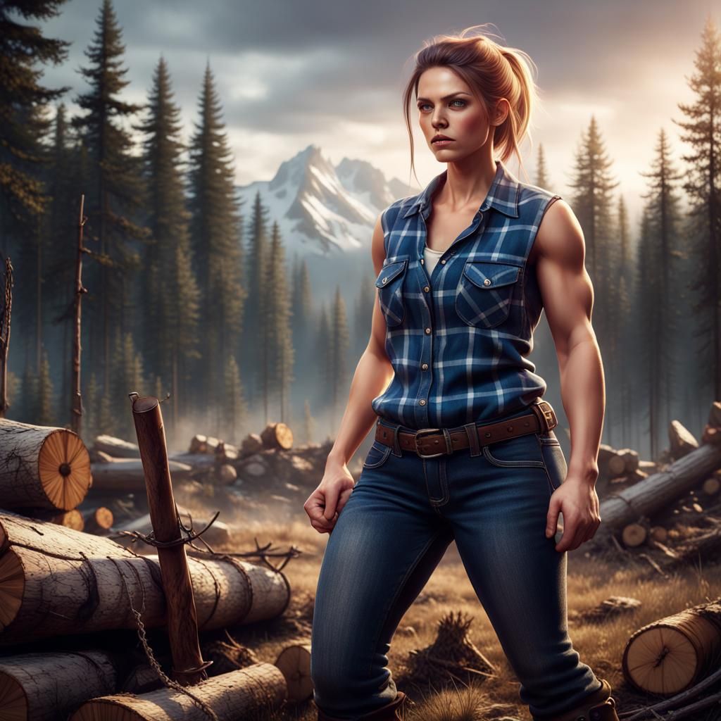Alluring Muscular Lumberjack Girl in Detailed Matte Painting