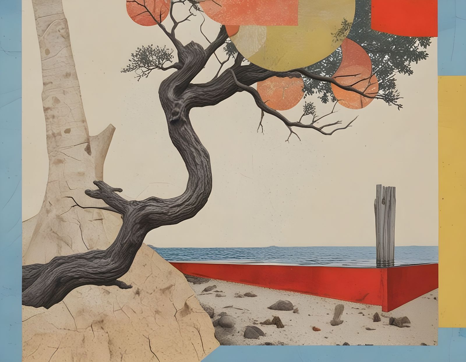 Abstract Landscape with Textured Tree and Red Pier