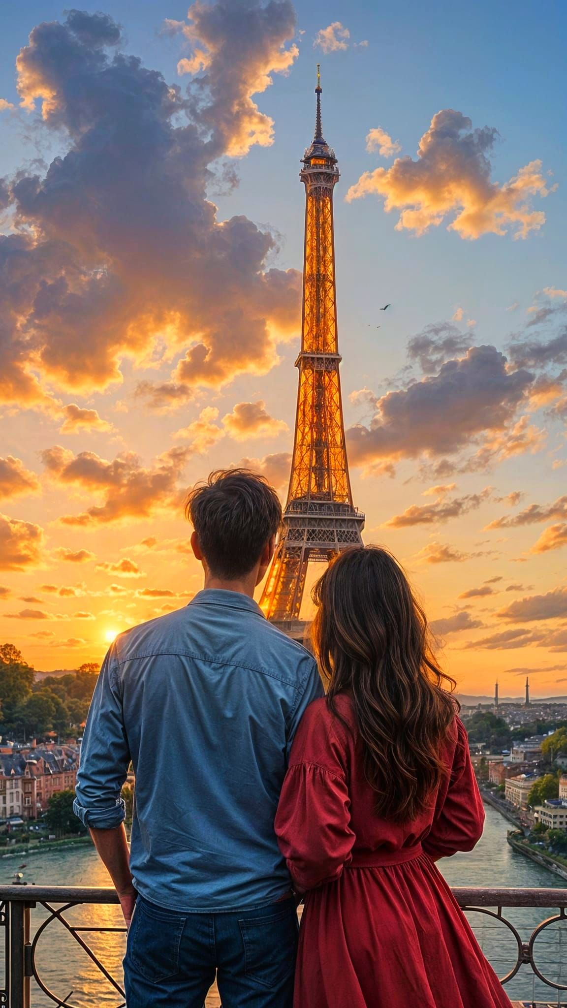 Romantic Couple Embracing Before the Eiffel Tower