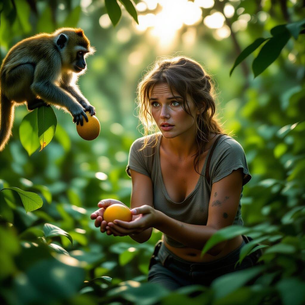Jungle Dawn: Woman, Monkey, and a Mango