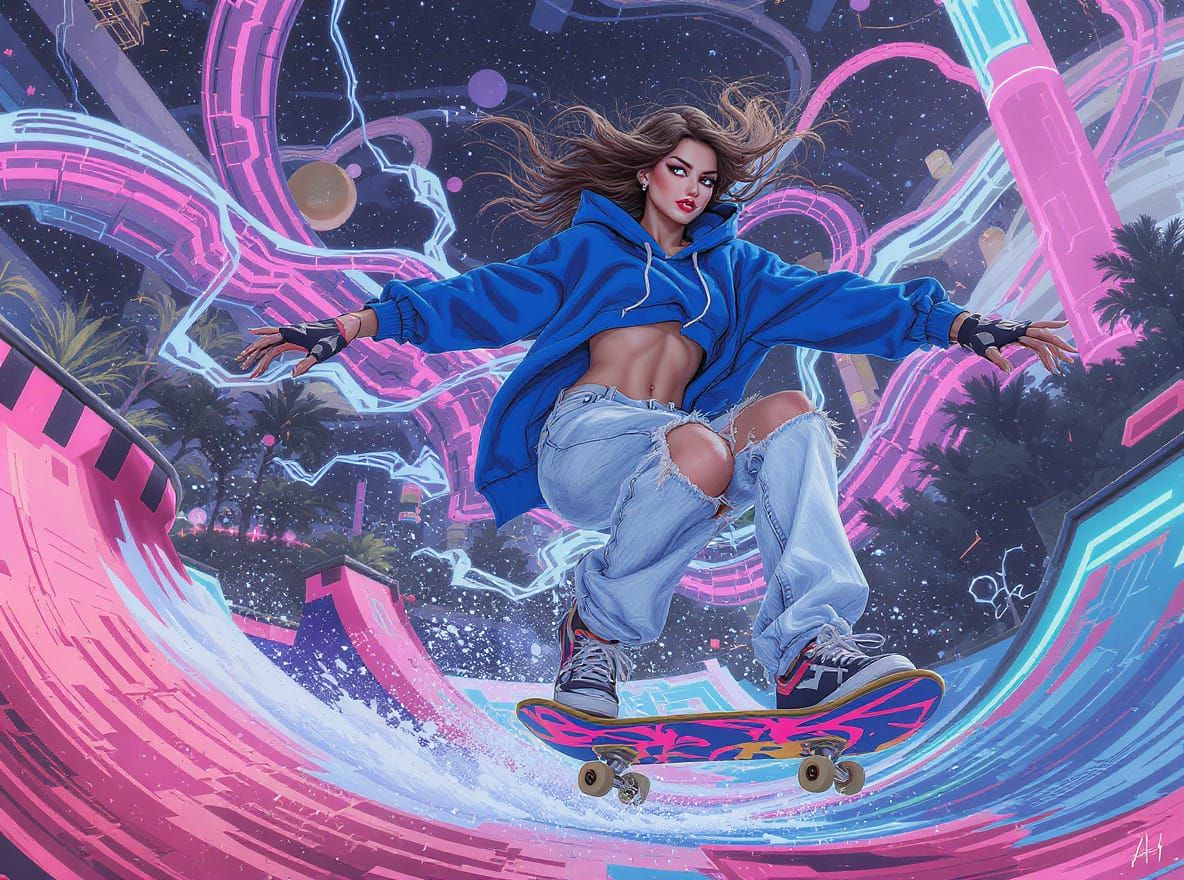 Beautiful woman wearing a midrift baring  royal blue hoody  tattered jeans skate gloves riding a skateboard on a skate r...