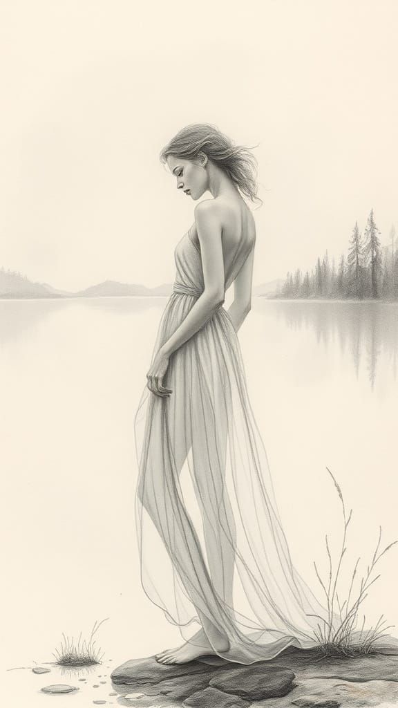 Surreal Translucent Figure at Lake Shore in Expressive Penci...