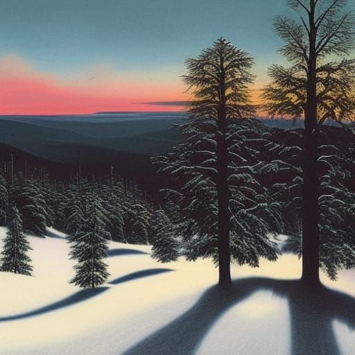 Panoramic Spruce Forest Engraving in 19th-Century Style