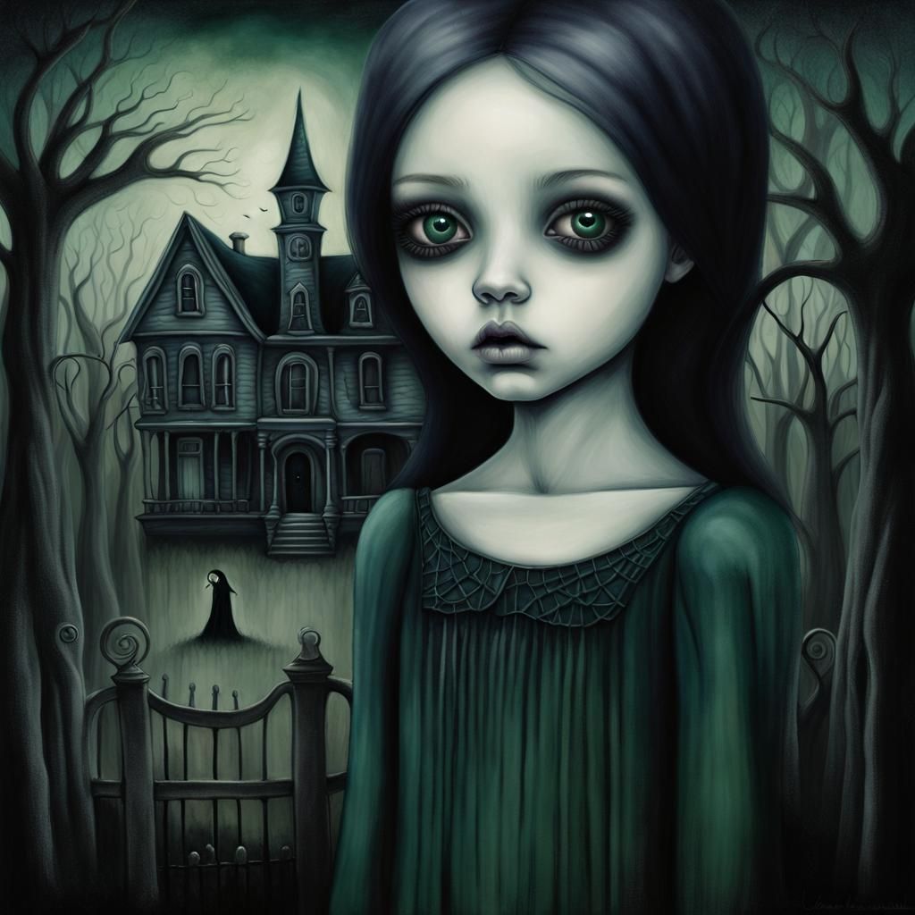 Eerie Girl in Haunted Landscape, Alcohol Ink Art