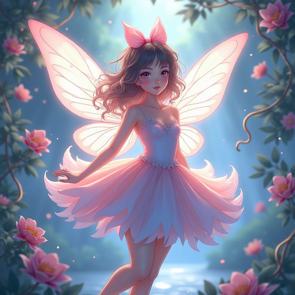 Anime-Inspired Fairy with Translucent Wings in Dreamlike Set...