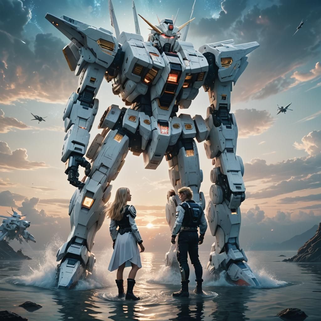 Gundam Mecha Overlooking Cosmic Sky in Cinematic Style