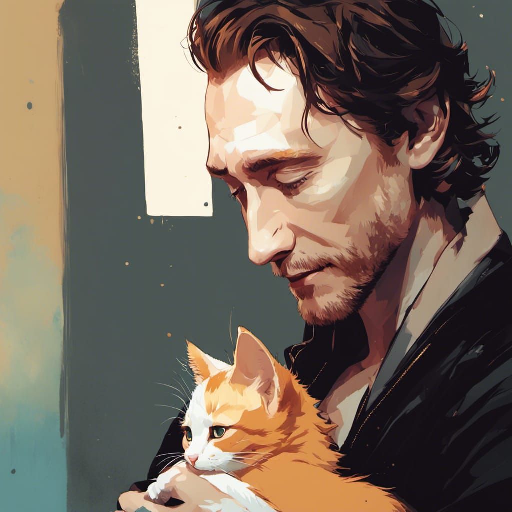 Loki Snuggling Kitten as Digital Anime Painting