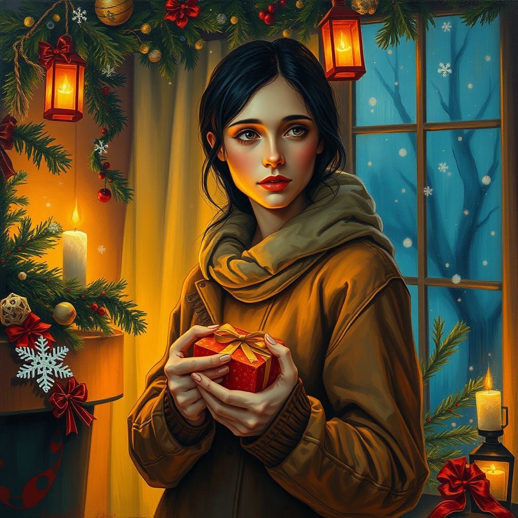 A young woman stands alone, surrounded by vibrant Christmas ...