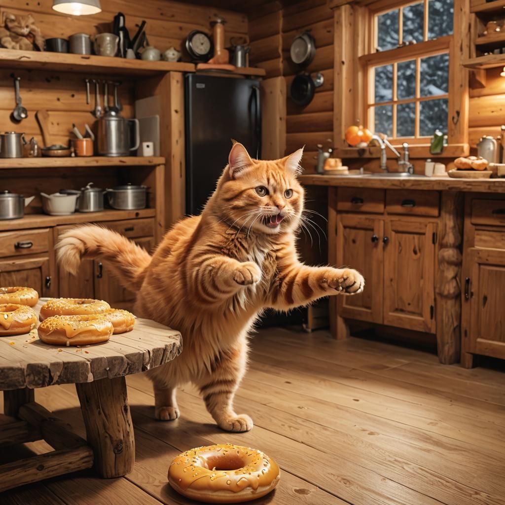 Playful Orange Cat Scooting Donut in Log Cabin
