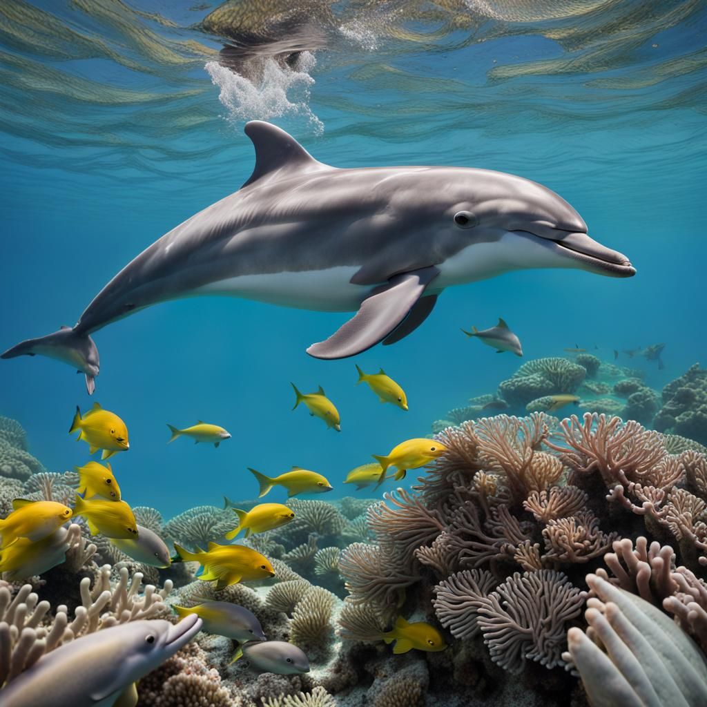 Playful Dolphin in Coral Reef Scene