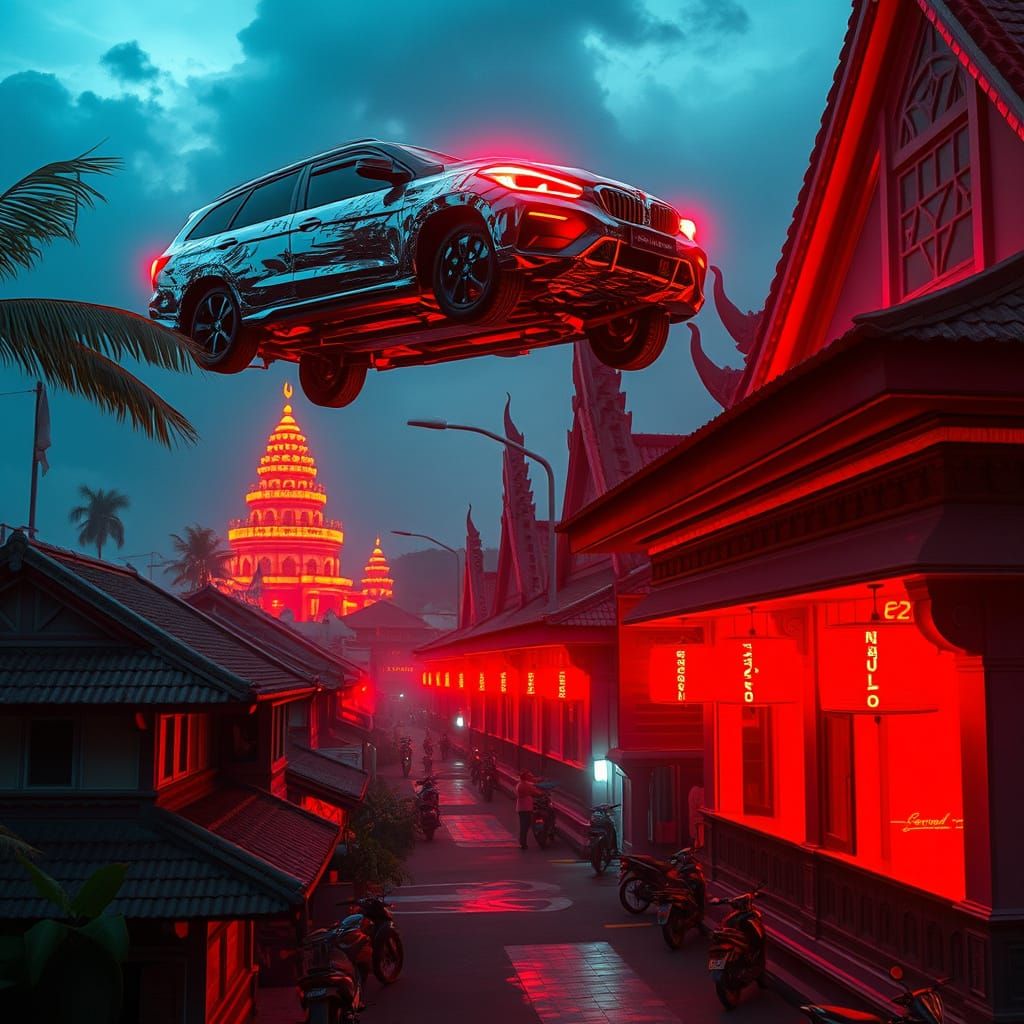 Cyberpunk Bali: Levitating Vehicles in Neon Cityscape