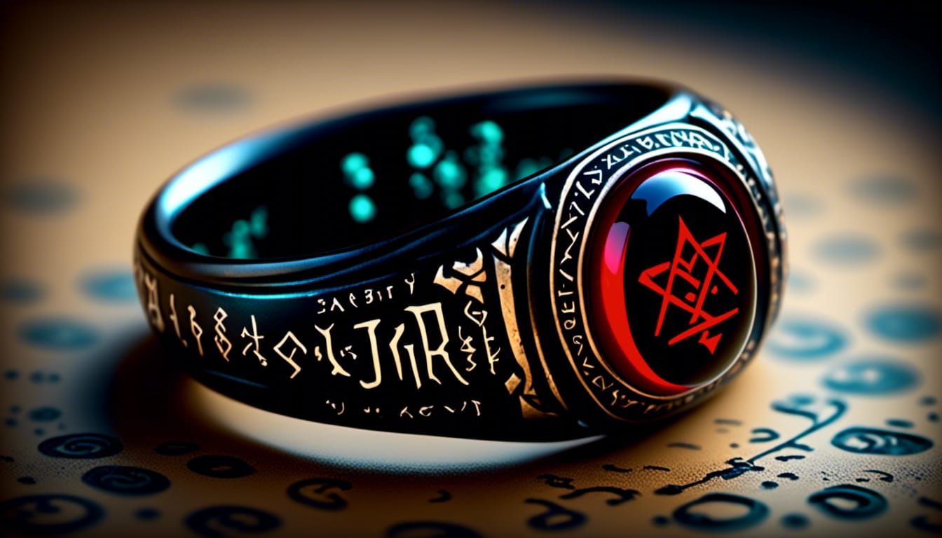 Obsidian Ring with Glowing Runes and Hieroglyphs