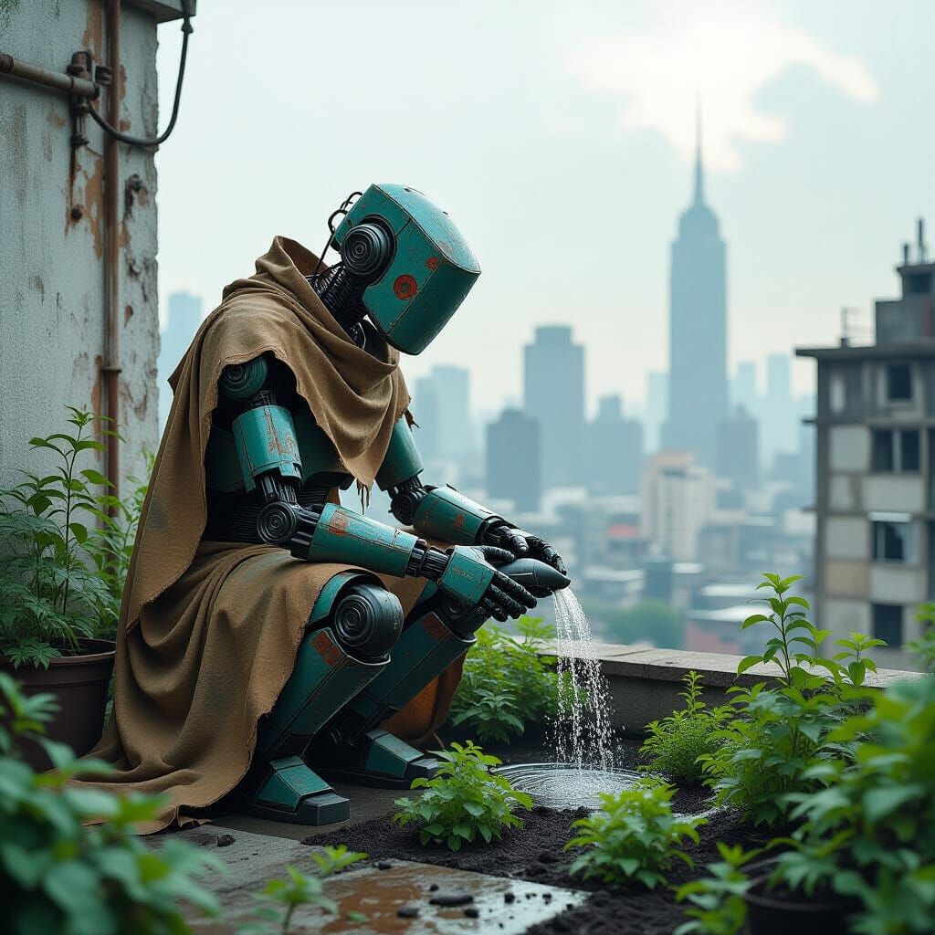 Robot Gardener in Ruined Cityscape