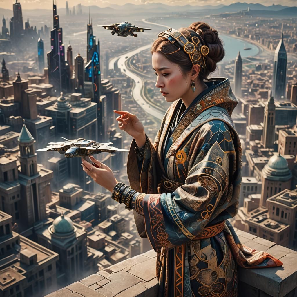 Ancient Futurism: Woman with Advanced Technology