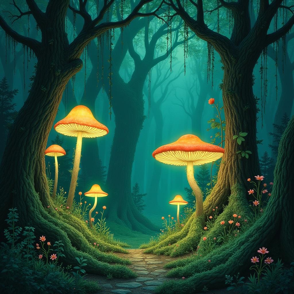 Glowing Mushroom Forest Landscape in Surreal Style