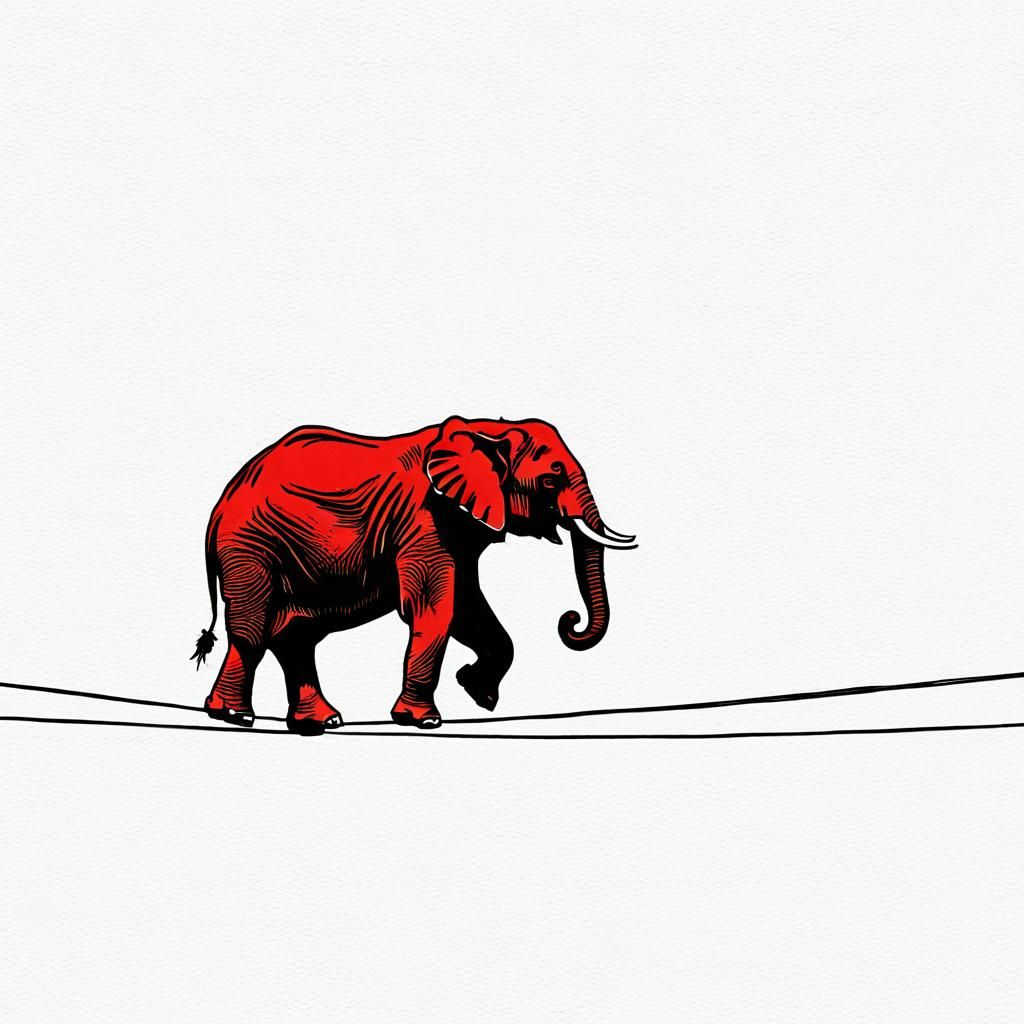 Red Elephant Tightrope Walker: Minimalist Ink Sketch