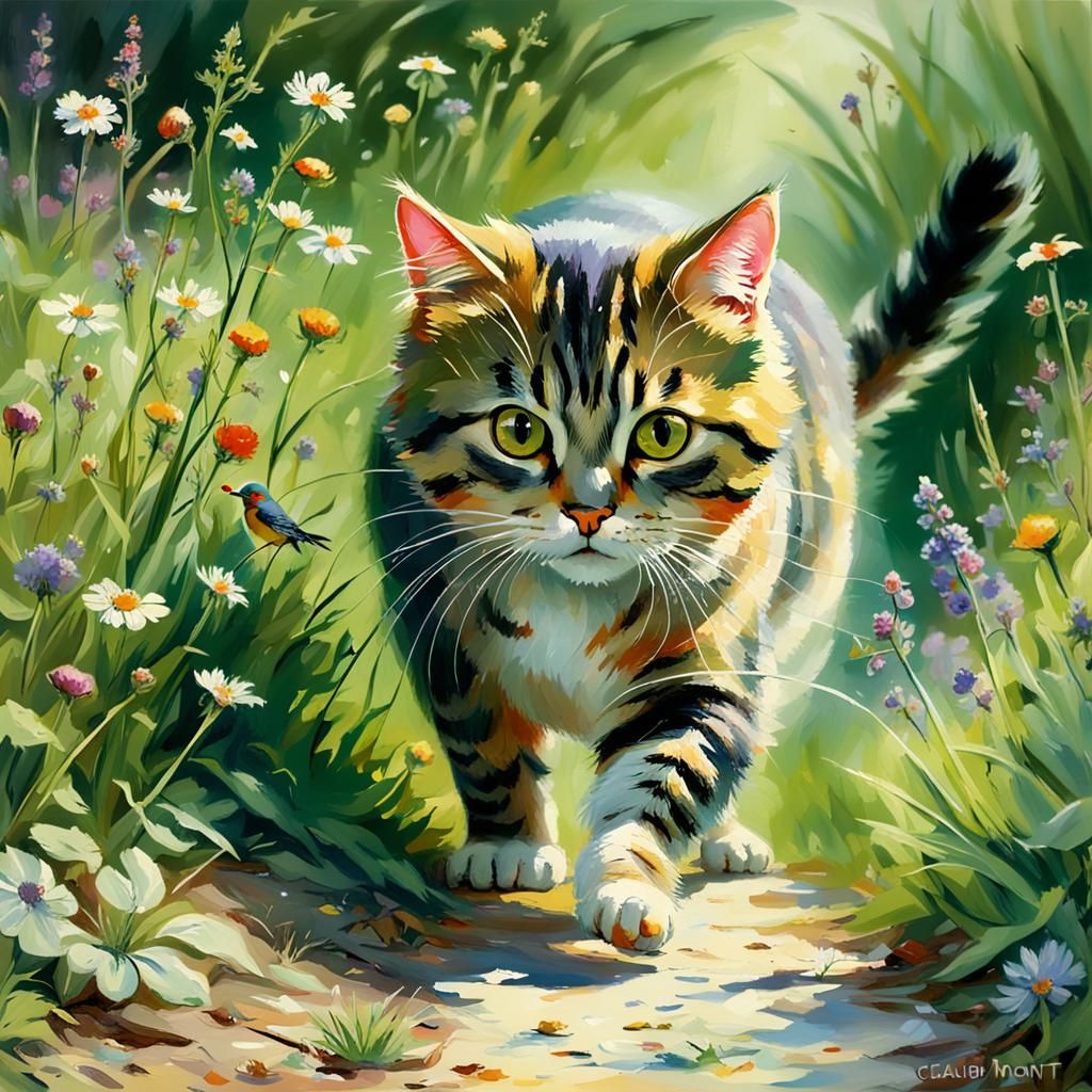 Robin's Spring Feast: Impressionistic Garden Scene