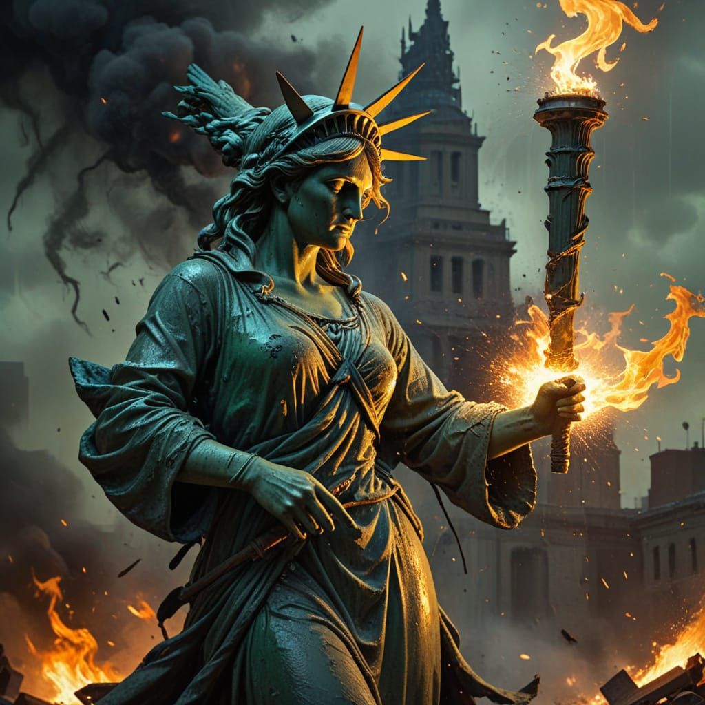 Statue of Liberty Strides Through War-Torn D.C. as Oil Paint...